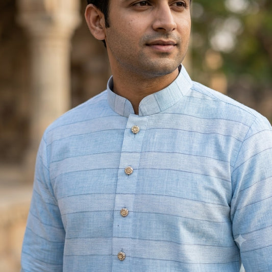 A5 - Men’s Sky Blue Slub Cotton Striped Kurta Pajama Set with White Churidar - Zenia Creations