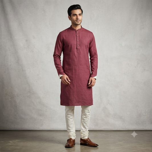 A1 - Men’s Burgundy Cotton Kurta Pajama Set with White Churidar Pant - Zenia Creations