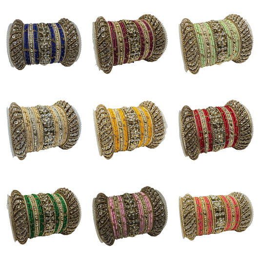 1065 Premium Indian Jewelry Metal Bangle Kangan Set Red Peach Gold Greeen Pink Blue