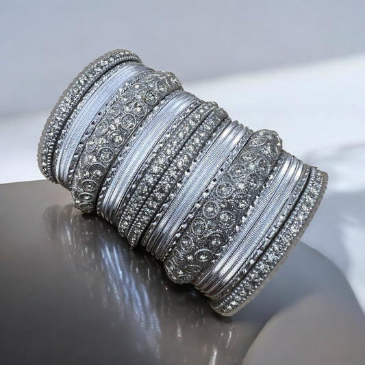 1181slv Indian Bridal Chuda Churiyan Metal Silver Kangan Bangles Set