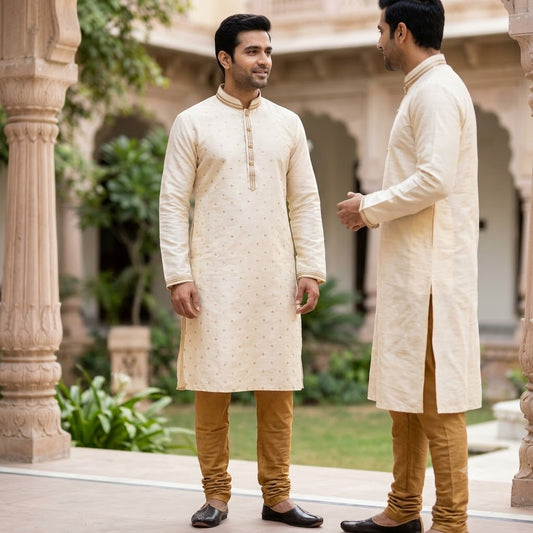 A2- Men’s Cream & Gold Jacquard Kurta Pajama Set with Antique Gold Churidar - Zenia Creations