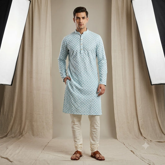 A11 - Men’s Sky Blue Embroidered Chikankari Cotton Kurta Set with White Churidar - Zenia Creations