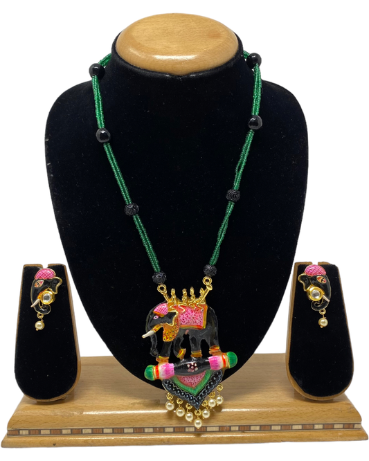 Mala Necklace & Earring Set With Elephant Pendant KX29