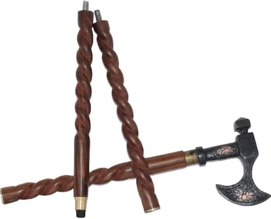 Axe Walking Cane Brass Handle Lightweight Brown Stick Men, Women Seniors