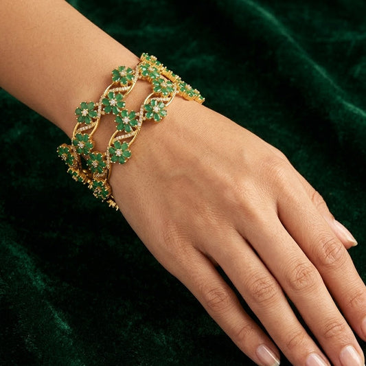 WAD27 - Emerald Green Floral Vine Kadas – Gold-Plated Designer Bangle Set - Zenia Creations