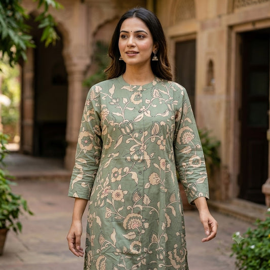 Kur-V10 Women’s Green Botanical Flower Print Cotton Kurta Dress