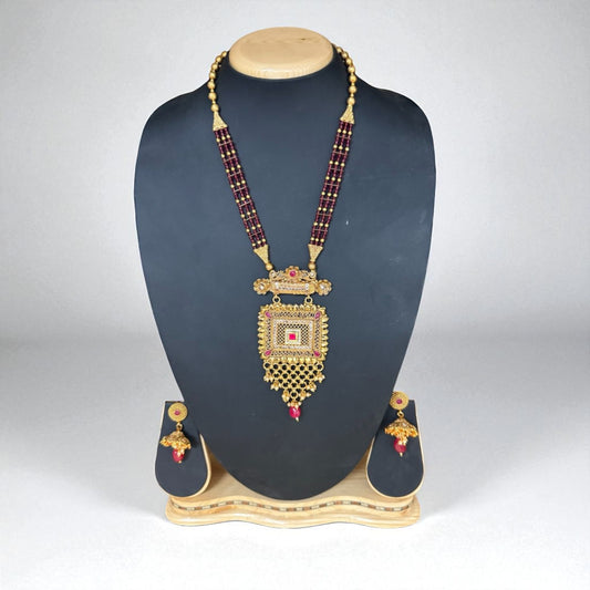 LMS1 - Handcrafted Long Necklace Set in Red and Gold