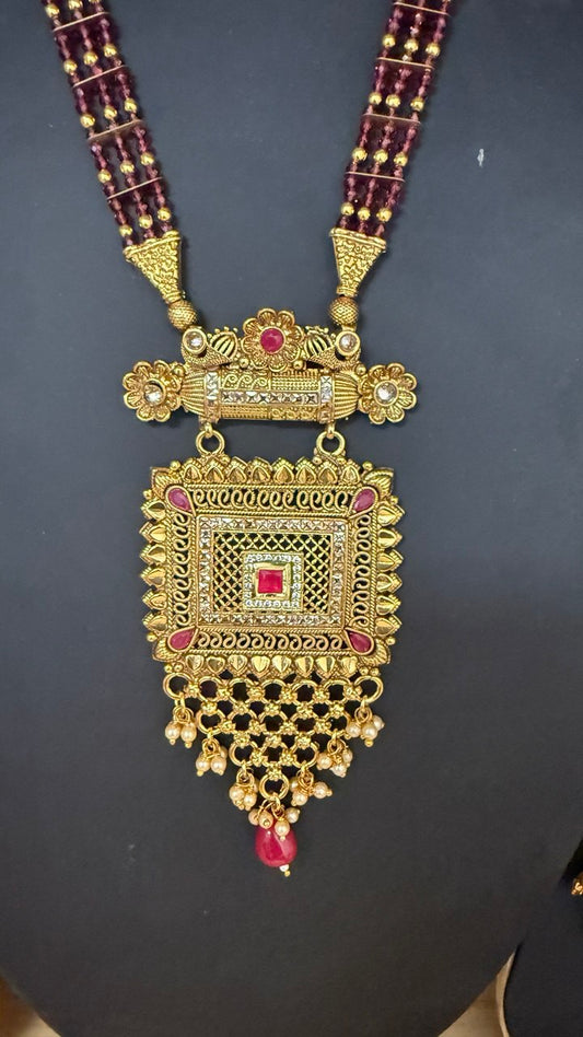 LMS1 - Handcrafted Long Necklace Set in Red and Gold