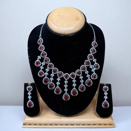 ADS-Y2 Red Stone & Silver Necklace Set with Earrings Bridal & Party Wear Jewelry (Copy)