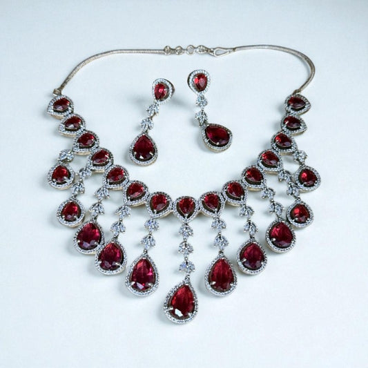 ADS-Y2 Red Stone & Silver Necklace Set with Earrings Bridal & Party Wear Jewelry (Copy)