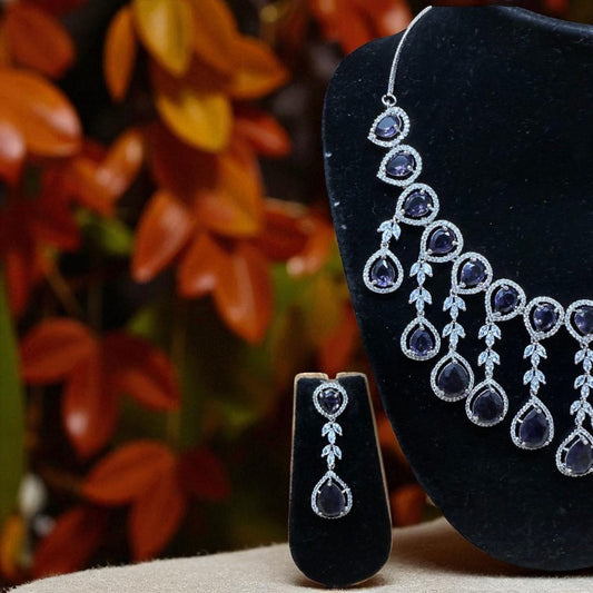 ADS-Y Blue Stone & Silver Necklace Set with Earrings Bridal & Party Wear Jewelry