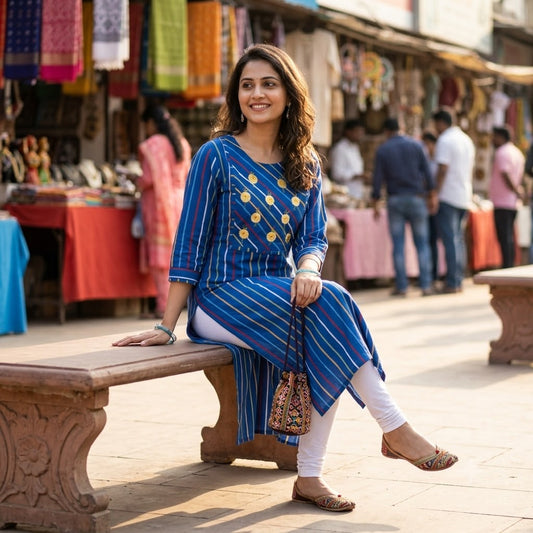 Kur-V8 Women’s Royal Blue Striped Cotton Straight Kurta – Embroidered Floral Yoke