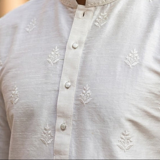 M3- Men’s Off-White / Pearl White Raw Silk Kurta Pajama Set with Matching Churidar - Zenia Creations