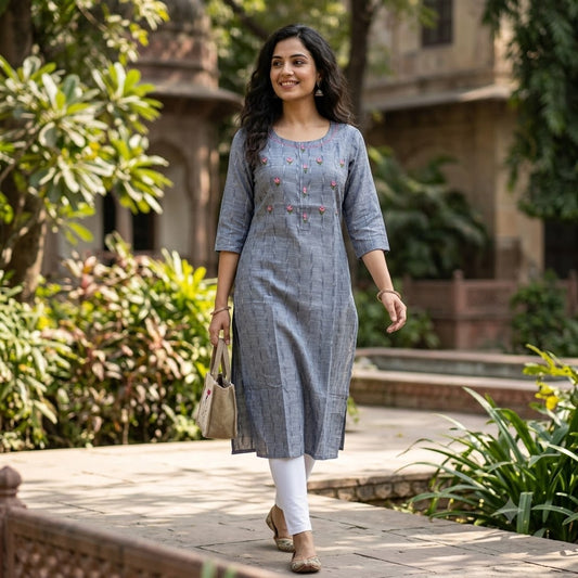 Kur-V2 Slate Grey Slub Cotton Straight Kurti – Floral Embroidered