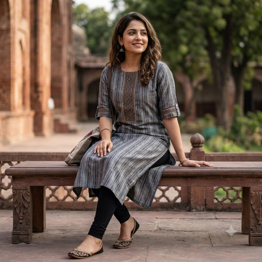 Kur-V1 Women’s Charcoal Grey Striped Slub Cotton Straight Kurti