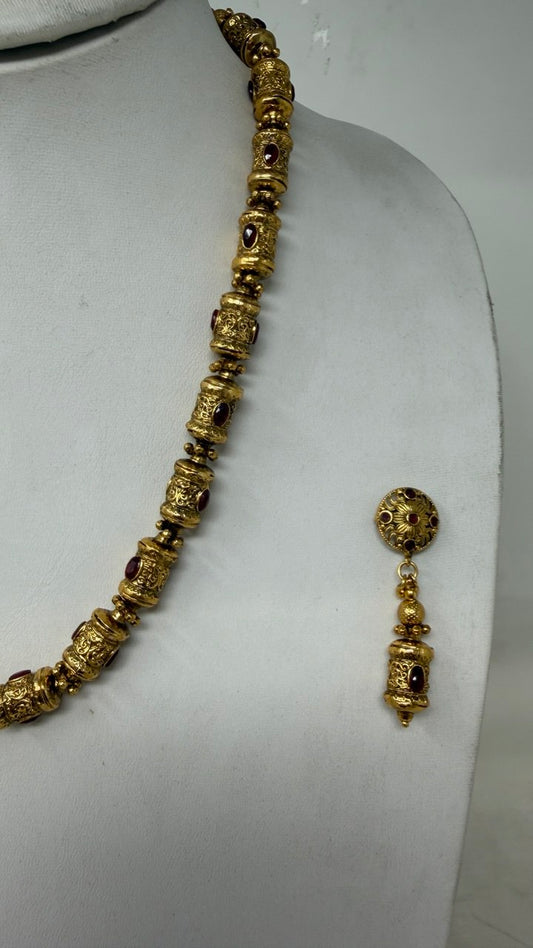 S22 - Traditional Antique Gold Matte Dholki Bead Necklace Set with Kemp Stones