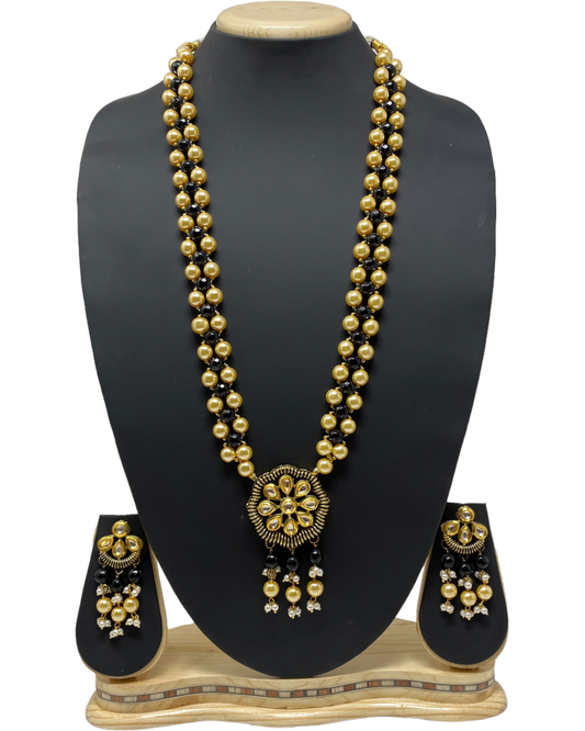 Long Kundan Mala Necklace & Earring Set With Pearl Drops KX27