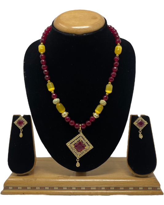 Long Pearl Mala Necklace & Earring Set With Cubic Zircina CZ Stone Pendant KX19