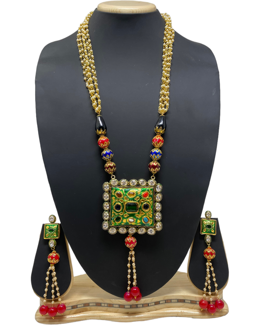 Long Kundan Mala Necklace & Earring Set With Cubic Zircina CZ Stones KX20
