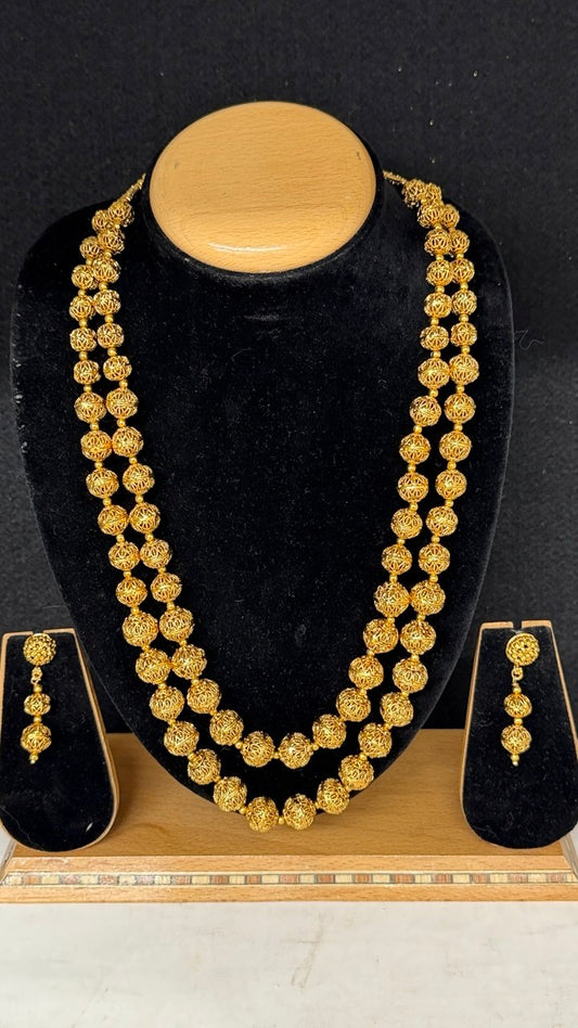 S10 - Gold Plated Jaali Sphere Long Necklace Double Layered Filigree Ball Rani Haar