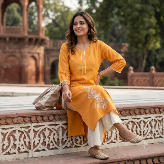 Kur-V6 Yellow Chanderi Cotton Kurti Floral Yoke & Slit Panel Long Tunic