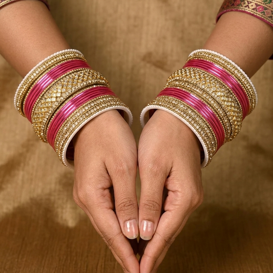 8056G - Gold-Tone Magenta Studded Bridal Bangle Set
