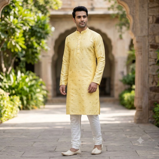 A12 - Men’s Lemon Yellow Jacquard Silk Kurta Pajama Set with White Churidar - Zenia Creations
