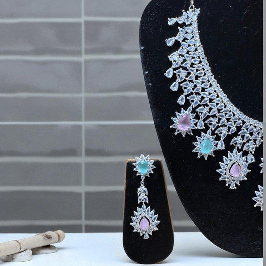 ADSY4 - Silver Bridal Necklace Set with Earrings & Maang Tikka – Sparkling CZ Stone Jewelry