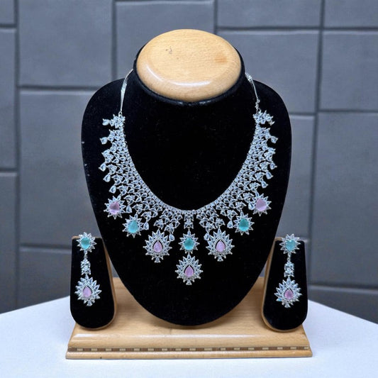 ADSY4 - Silver Bridal Necklace Set with Earrings & Maang Tikka – Sparkling CZ Stone Jewelry