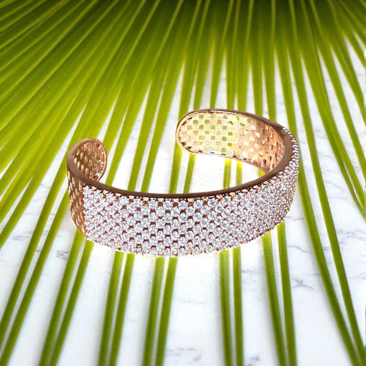 RGK1- Rose Gold Cuff Bracelet – Sparkling Stone Finish & Lattice Interior | Elegant Statement Jewelry
