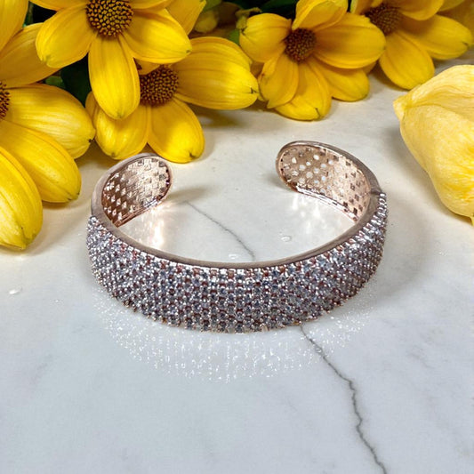 RGK1- Rose Gold Cuff Bracelet – Sparkling Stone Finish & Lattice Interior | Elegant Statement Jewelry