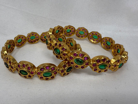 GAD1 - Royal Emerald & Ruby Floral Kadas – Gold-Plated Traditional Statement Bangles