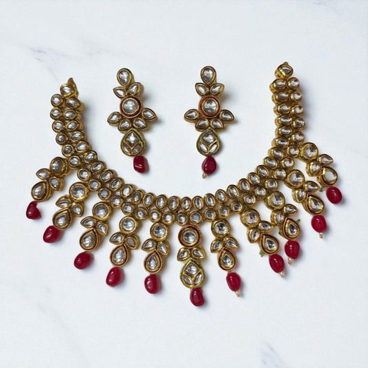 Kun2 - Kundan Choker Necklace Set with Ruby Red Beads