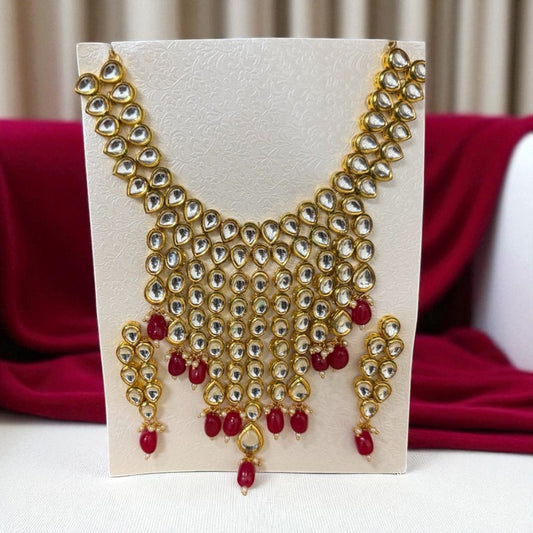 Kun3 - Gold Kundan Bridal Choker Set with Red Beads