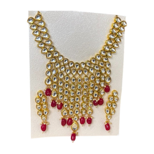 Kun3 - Gold Kundan Bridal Choker Set with Red Beads