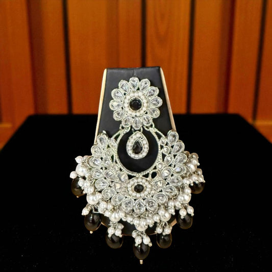 LMM- Black and Silver Kundan Necklace Set – Bridal Choker Style Jewelry with Earrings and Maang Tikka for Women