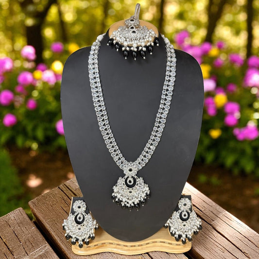 LMM- Black and Silver Kundan Necklace Set – Bridal Choker Style Jewelry with Earrings and Maang Tikka for Women