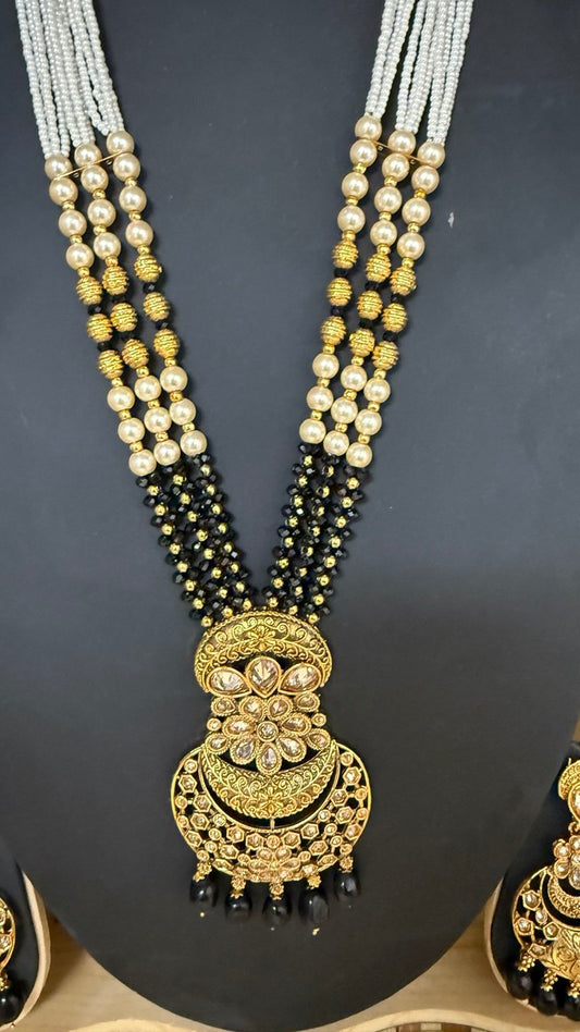 LMM - Layered Pearl & Black Bead Necklace Set with Golden Pendant