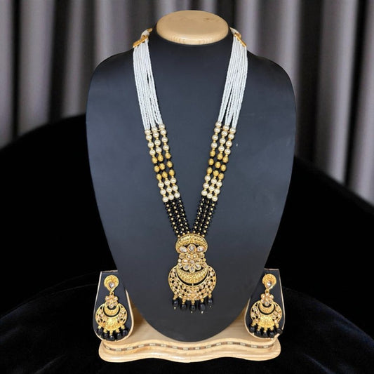 LMM - Layered Pearl & Black Bead Necklace Set with Golden Pendant