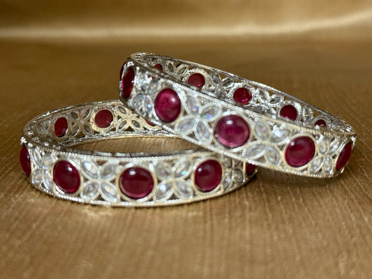 SM1 - Majestic Ruby & AD Silver-Plated Kadas – Floral Filigree Statement Bangles