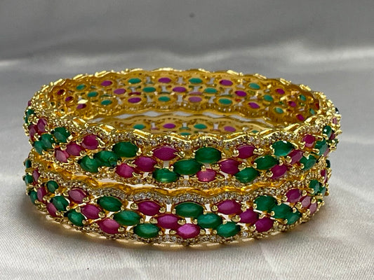 WAD2 - Elegant Ruby & Emerald Marquise Triple Row Bangles – Gold-Plated Dual-Tone Kada Set - Zenia Creations