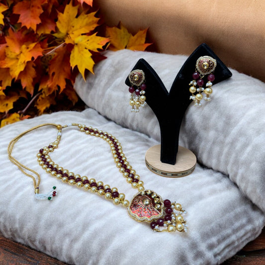 Royal Red Kundan & Meenakari Pearl Beaded Necklace Set #P10