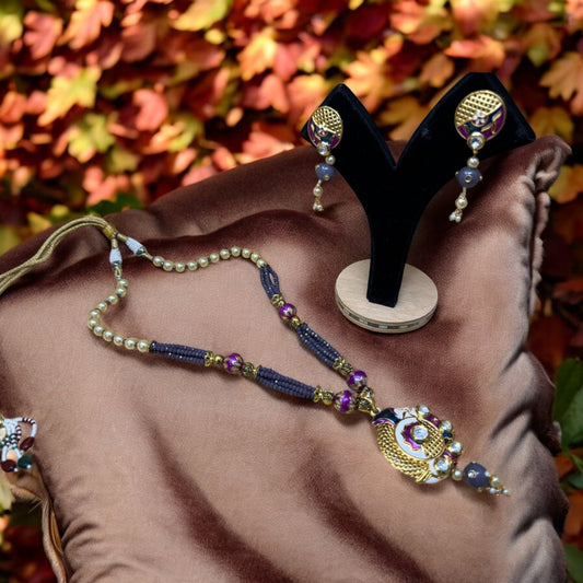 Elegant Pearl & Beaded Necklace Set with Gold-Plated Enamel Pendant #P11 - Zenia Creations