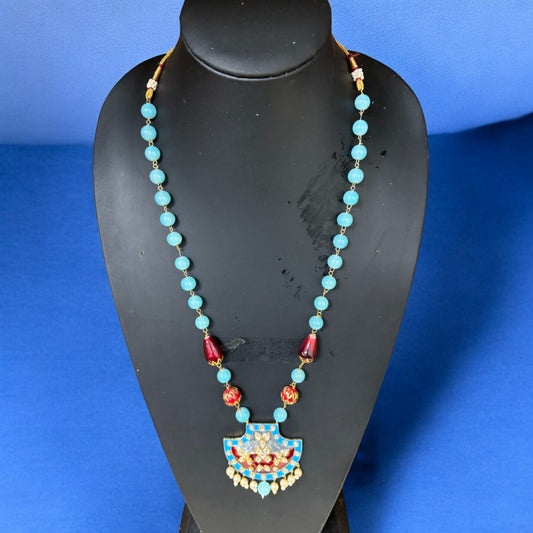Handcrafted Kundan & Enamel Pendant Necklace with Blue Beads #P1