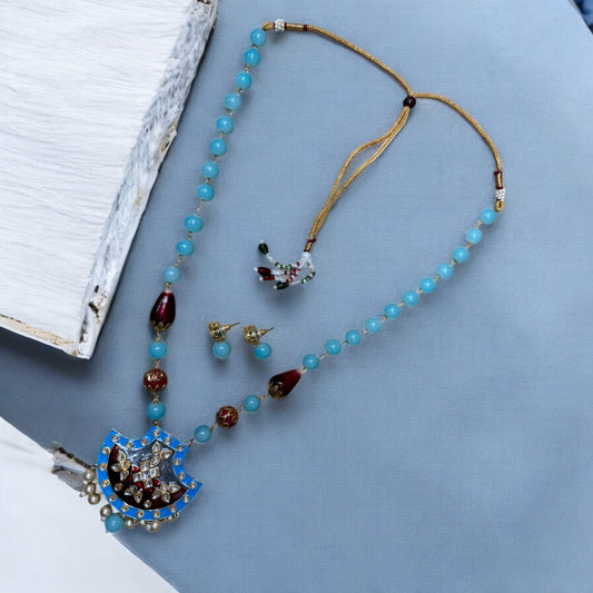 Handcrafted Kundan & Enamel Pendant Necklace with Blue Beads #P1
