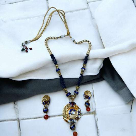 Royal Blue Meenakari & Kundan Pendant Necklace Set with Earrings #P3