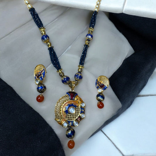 Royal Blue Meenakari & Kundan Pendant Necklace Set with Earrings #P3