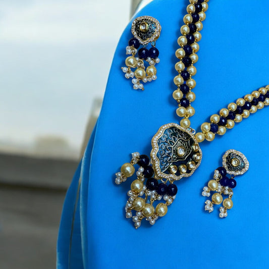 Elegant Blue & Gold Pearl Meenakari Necklace Set #P5