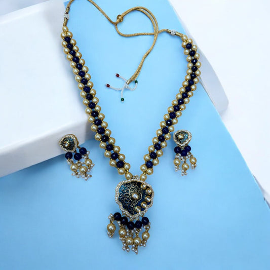 Elegant Blue & Gold Pearl Meenakari Necklace Set #P5