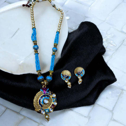 Elegant Sky Blue Beaded Necklace Set with Gold-Plated Pendant #P9